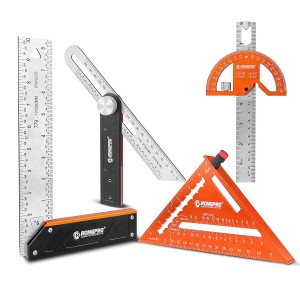 4Pcs Woodworking Tools -7”Aluminum Rafter Square,12”Adjustable Protractor Angle Finder,10′Woodworking
